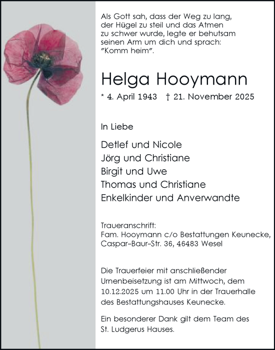 Traueranzeige von Helga Hooymann von Tageszeitung