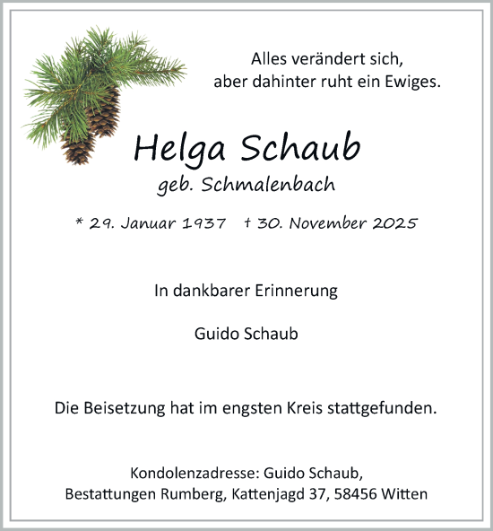 Traueranzeige von Helga Schaub von Tageszeitung