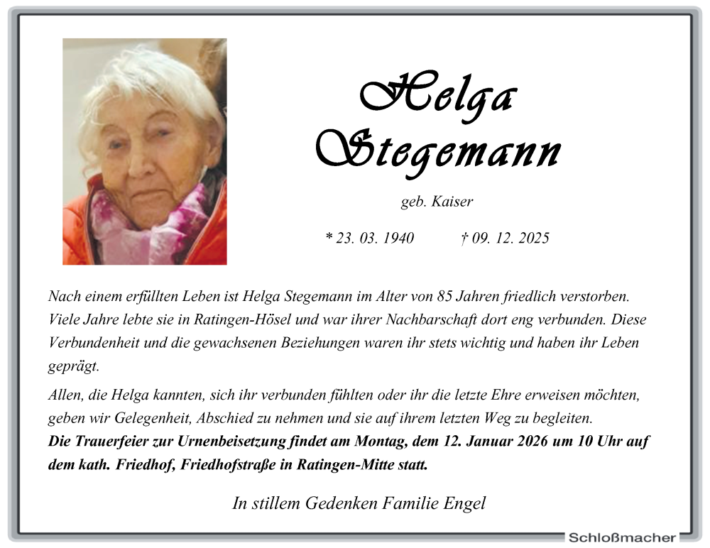  Traueranzeige für Helga Stegemann vom 20.12.2025 aus Tageszeitung