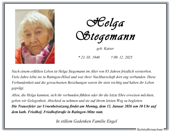 Traueranzeige von Helga Stegemann von Tageszeitung