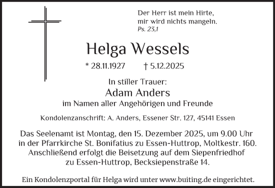 Traueranzeige von Helga Wessels von Tageszeitung