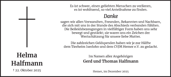 Traueranzeige von Helma Halfmann von Tageszeitung