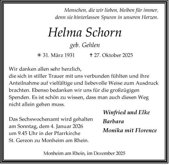 Traueranzeige von Helma Schorn von Tageszeitung