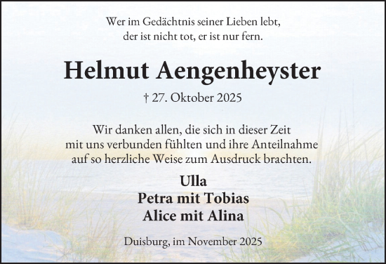 Traueranzeige von Helmut Aengenheyster von Tageszeitung