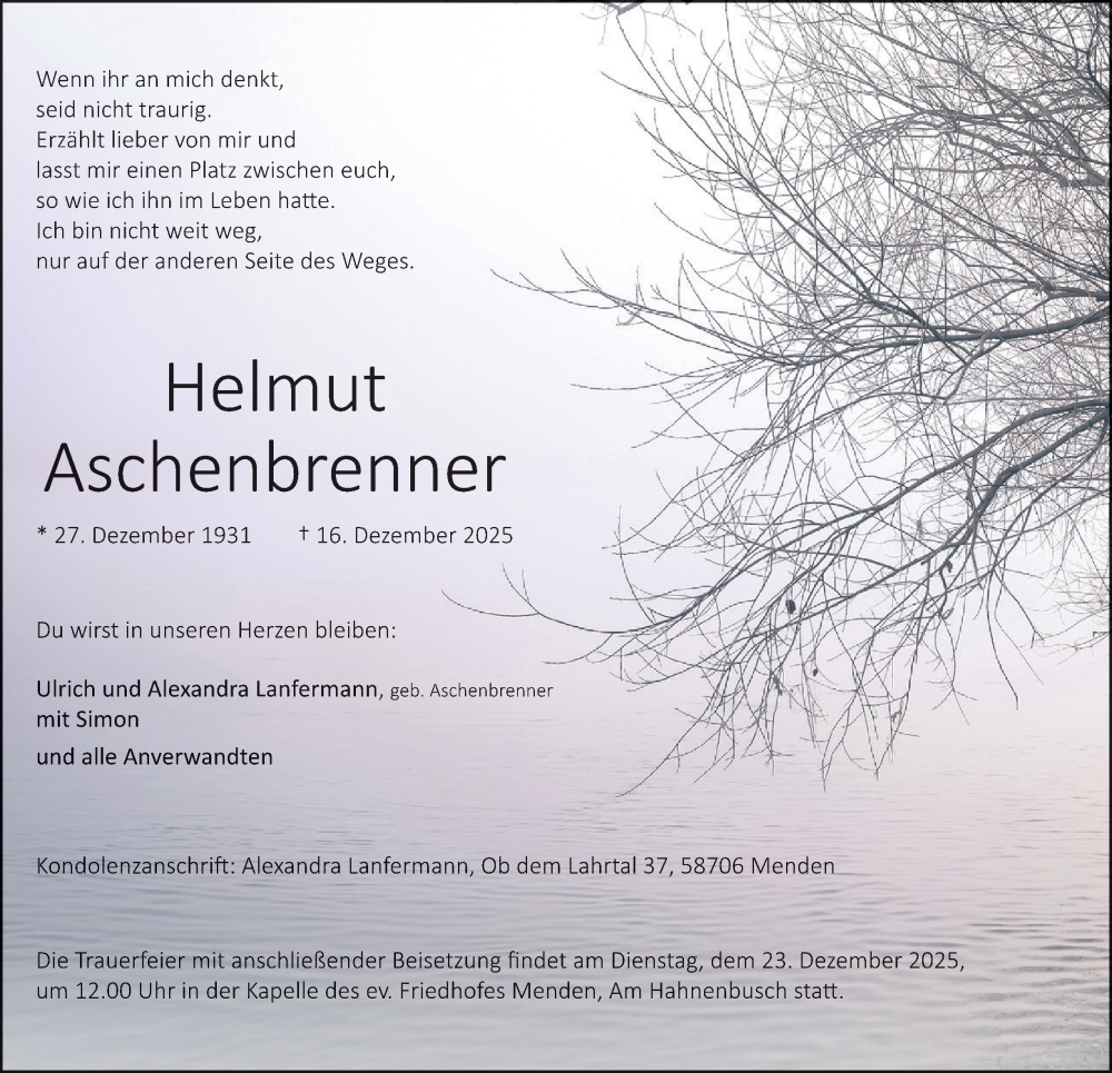  Traueranzeige für Helmut Aschenbrenner vom 20.12.2025 aus Tageszeitung