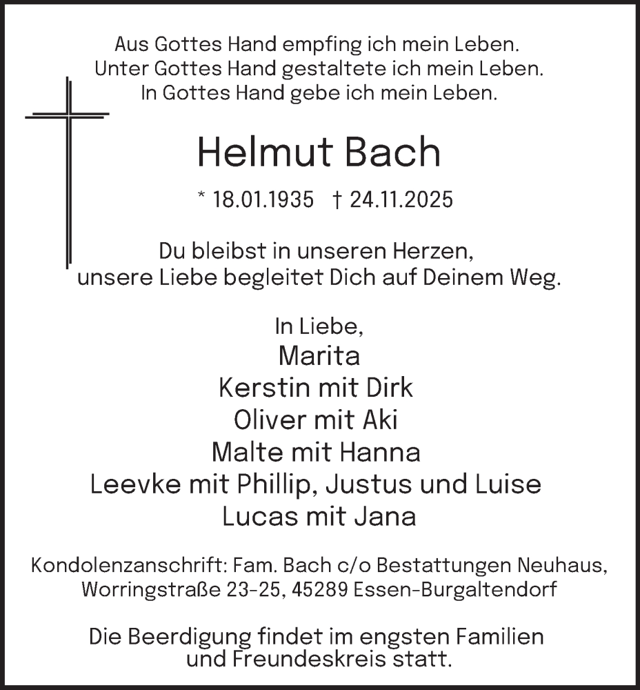  Traueranzeige für Helmut Bach vom 06.12.2025 aus Tageszeitung