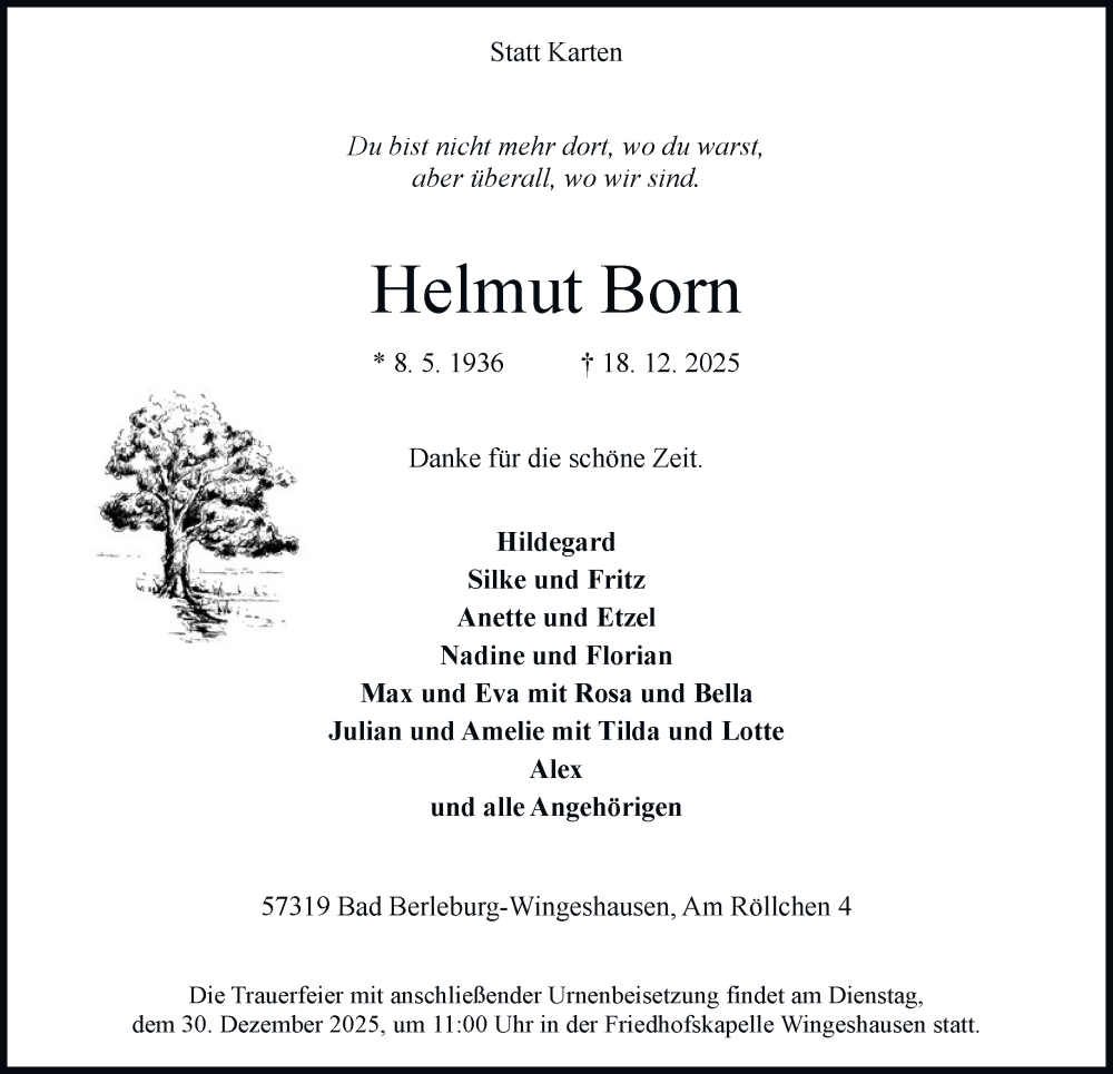  Traueranzeige für Helmut Born vom 24.12.2025 aus Tageszeitung