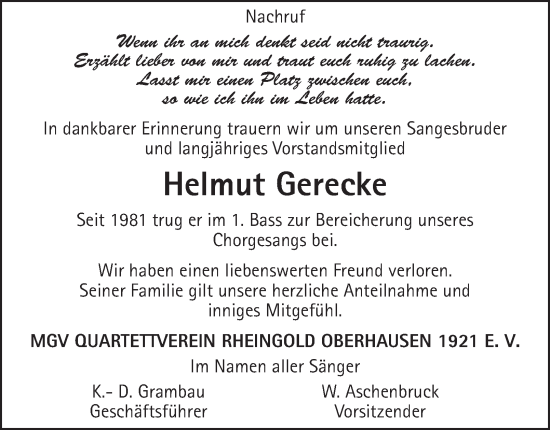 Traueranzeige von Helmut Gerecke von Tageszeitung
