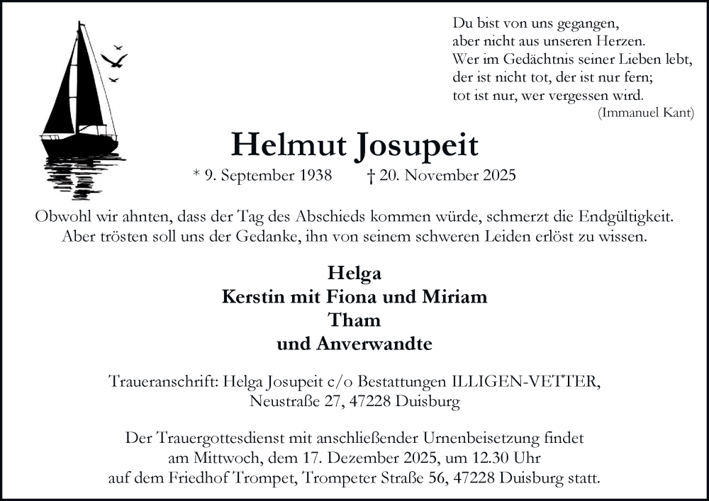  Traueranzeige für Helmut Josupeit vom 06.12.2025 aus Tageszeitung