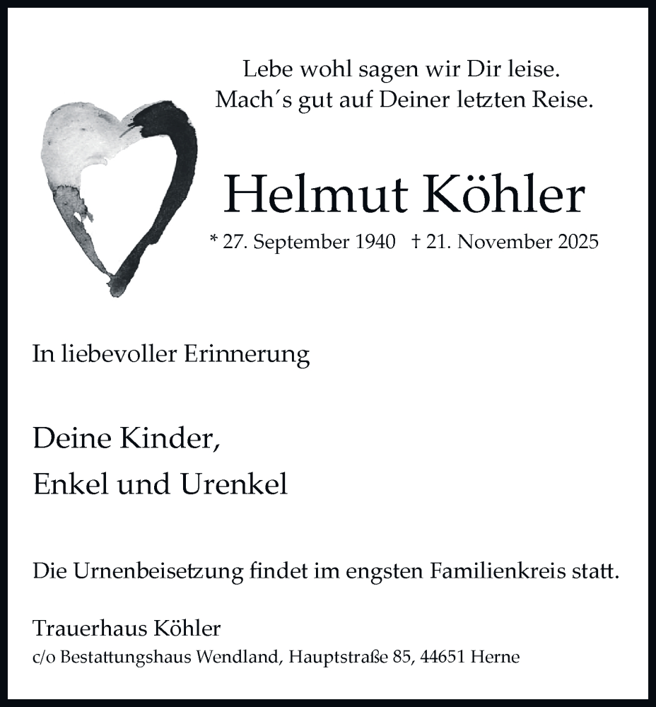  Traueranzeige für Helmut Köhler vom 08.12.2025 aus Tageszeitung
