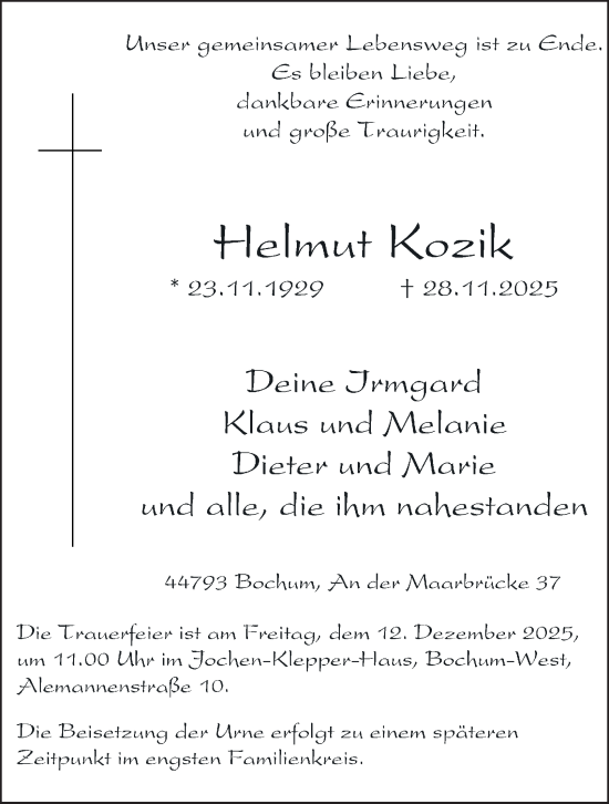 Traueranzeige von Helmut Kozik von Tageszeitung