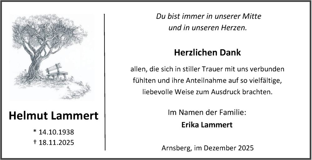  Traueranzeige für Helmut Lammert vom 20.12.2025 aus Tageszeitung