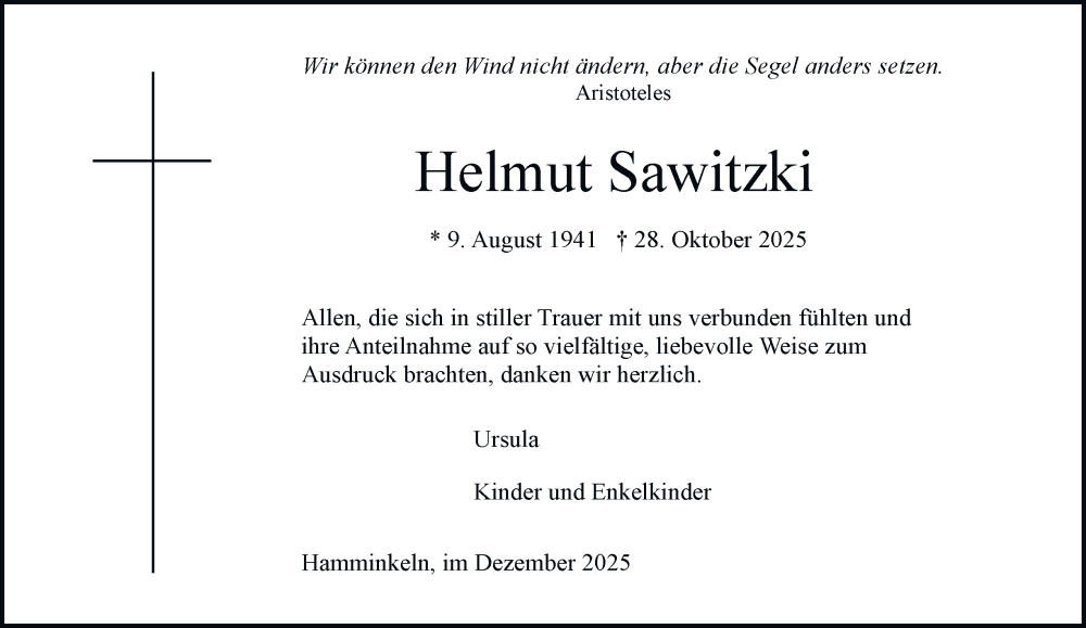 Traueranzeige für Helmut Sawitzki vom 13.12.2025 aus Tageszeitung