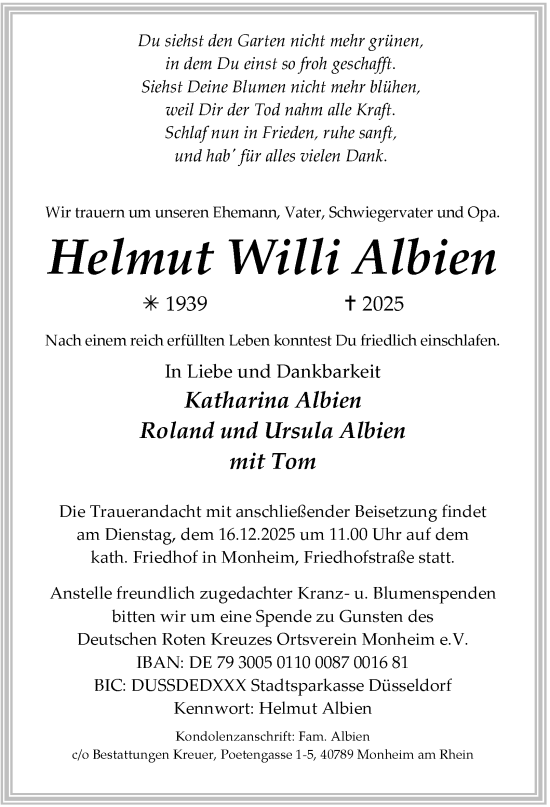 Traueranzeige von Helmut Willi Albien von Tageszeitung