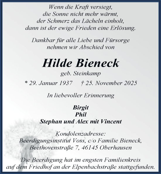 Traueranzeige von Hilde Bieneck von Tageszeitung
