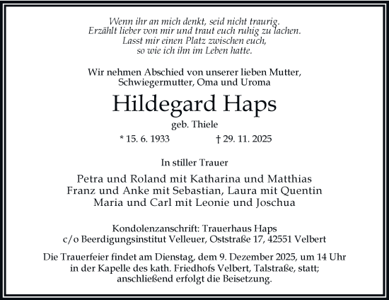 Traueranzeige von Hildegard Haps von Tageszeitung