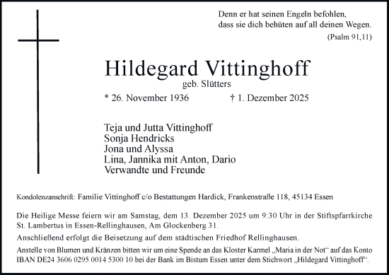 Traueranzeige von Hildegard Vittinghoff von Tageszeitung