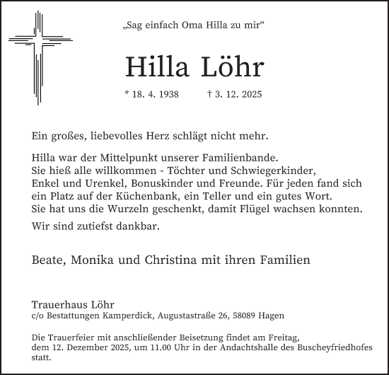 Traueranzeige von Hilla Löhr von Tageszeitung