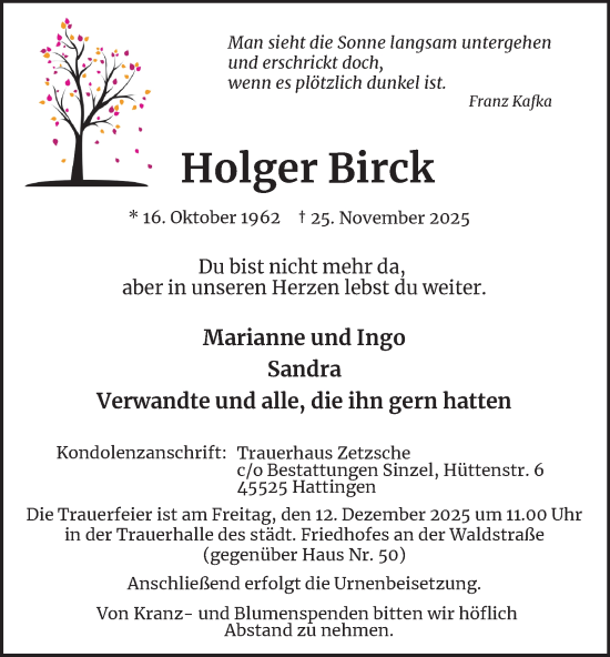 Traueranzeige von Holger Birck von Tageszeitung