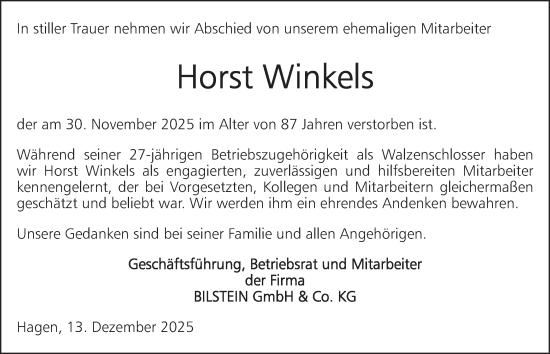 Traueranzeige von Horst Winkels von Tageszeitung