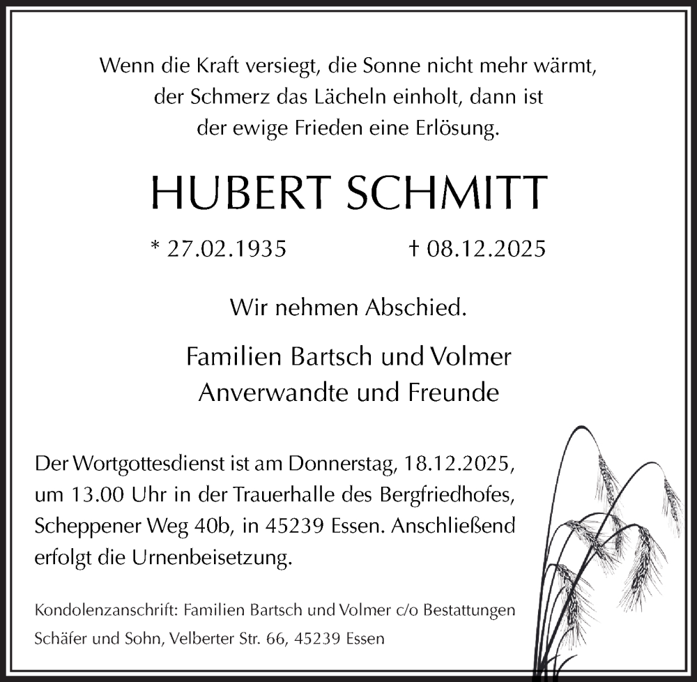  Traueranzeige für Hubert Schmitt vom 12.12.2025 aus Tageszeitung