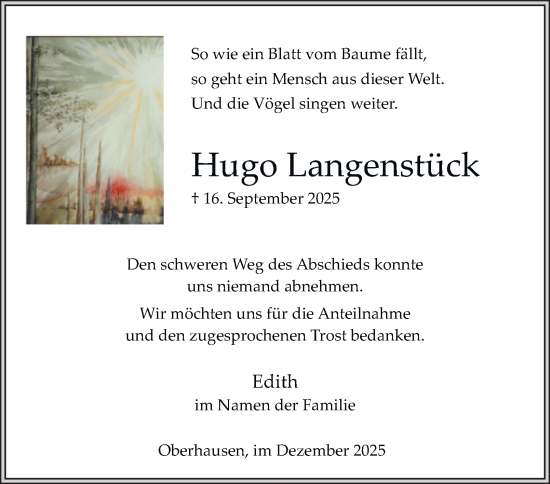 Traueranzeige von Hugo Langenstück von Tageszeitung