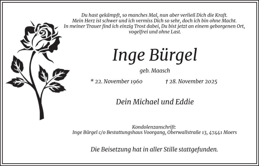  Traueranzeige für Inge Bürgel vom 20.12.2025 aus Tageszeitung