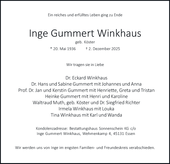 Traueranzeige von Inge Gummert Winkhaus von Tageszeitung