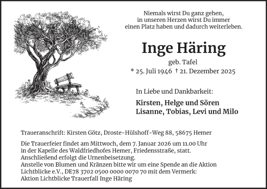 Traueranzeige von Inge Häring von Tageszeitung