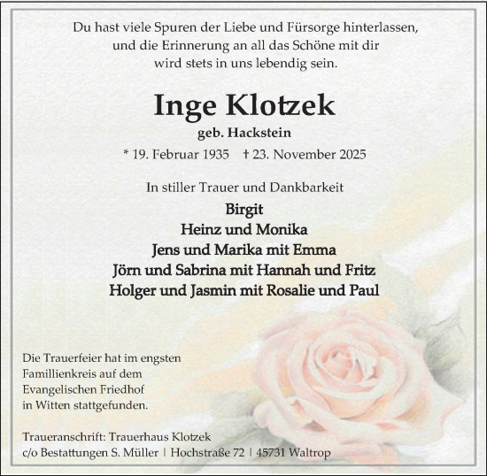 Traueranzeige von Inge Klotzek von Tageszeitung