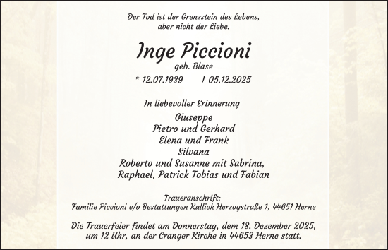 Traueranzeige von Inge Piccioni von Tageszeitung