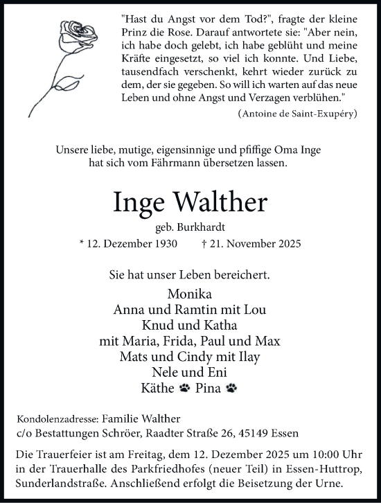 Traueranzeige von Inge Walther von Tageszeitung