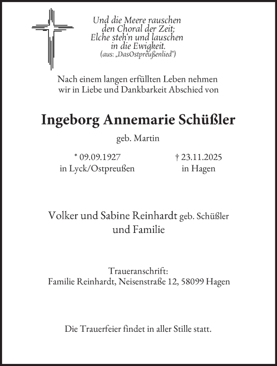 Traueranzeige von Ingeborg Annemarie Schüßler von Tageszeitung