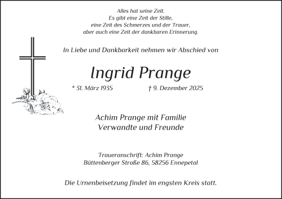 Traueranzeige von Ingrid Prange von Tageszeitung