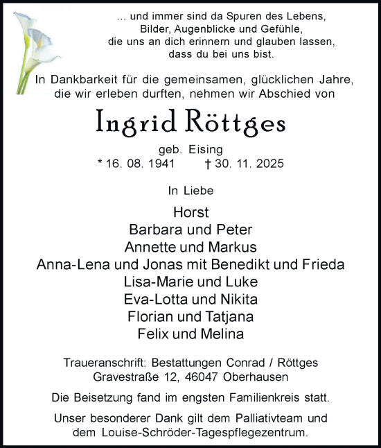 Traueranzeige von Ingrid Röttges von Tageszeitung