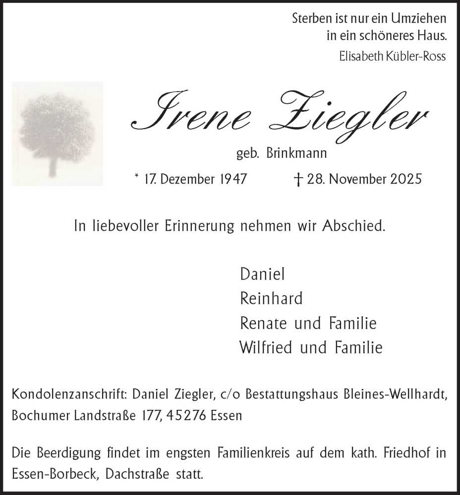  Traueranzeige für Irene Ziegler vom 06.12.2025 aus Tageszeitung