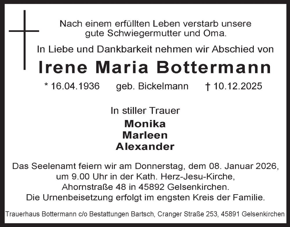  Traueranzeige für Irene Maria Bottermann vom 20.12.2025 aus Tageszeitung