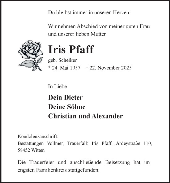 Traueranzeige von Iris Pfaff von Tageszeitung