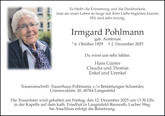 Traueranzeige von Irmgard Pohlmann von Tageszeitung
