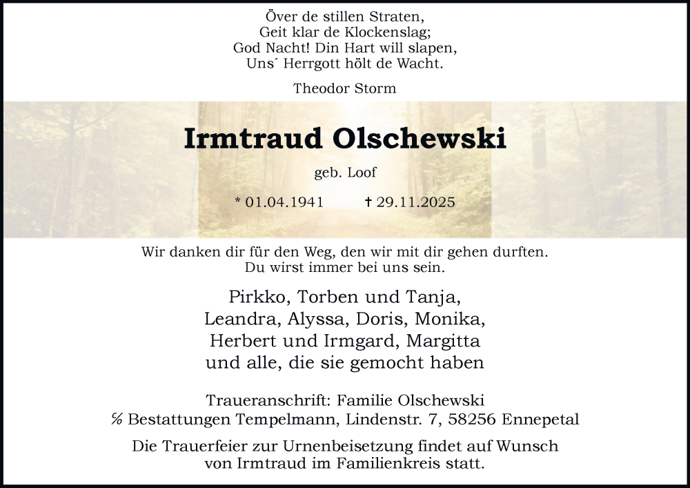  Traueranzeige für Irmtraud Olschewski vom 06.12.2025 aus Tageszeitung