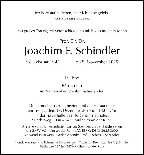 Traueranzeige von Joachim  Schindler von Tageszeitung