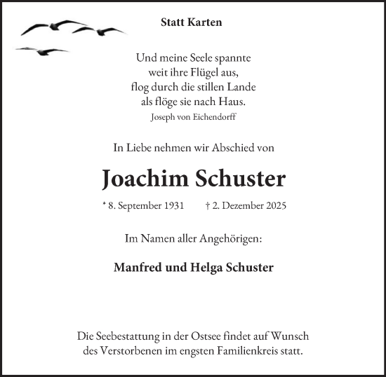 Traueranzeige von Joachim Schuster von Tageszeitung