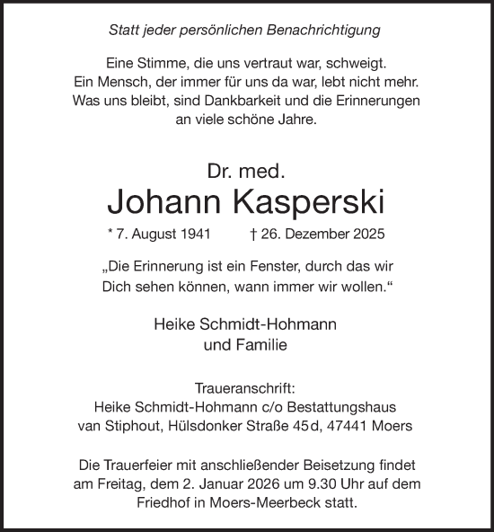 Traueranzeige von Johann Kasperski von Tageszeitung