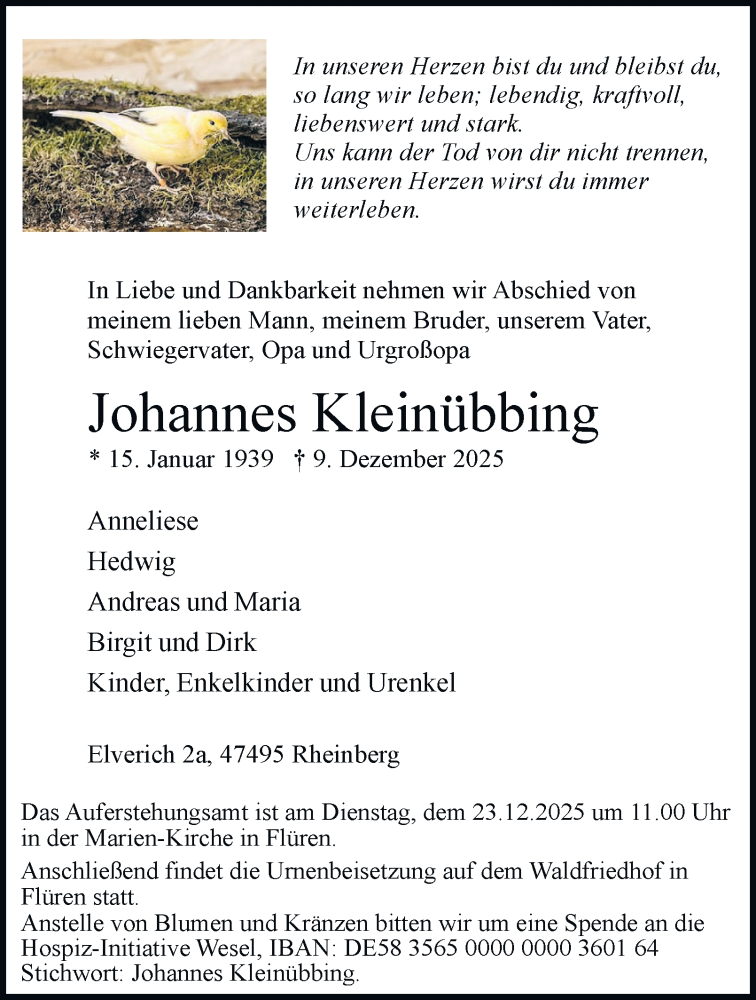 Traueranzeige für Johannes Kleinübbing vom 13.12.2025 aus Tageszeitung