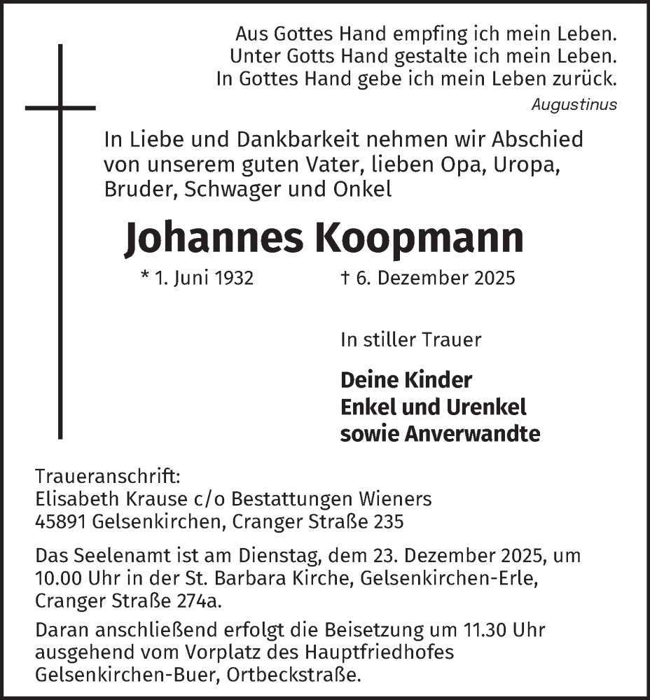  Traueranzeige für Johannes Koopmann vom 20.12.2025 aus Tageszeitung
