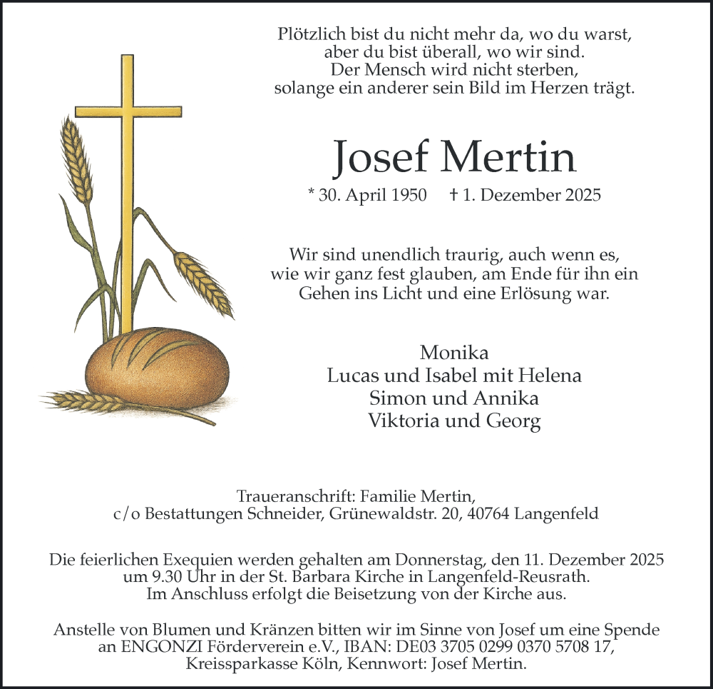  Traueranzeige für Josef Mertin vom 06.12.2025 aus Tageszeitung