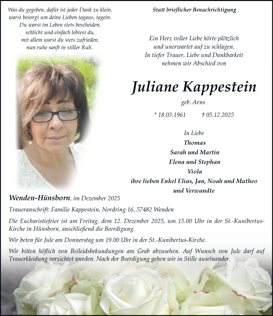 Traueranzeige von Juliane Kappestein von Tageszeitung
