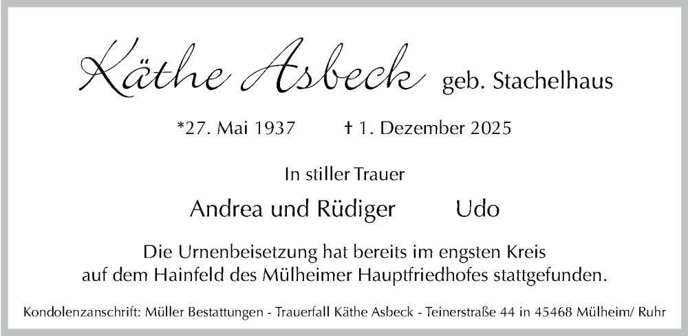  Traueranzeige für Käthe Asbeck vom 20.12.2025 aus Tageszeitung