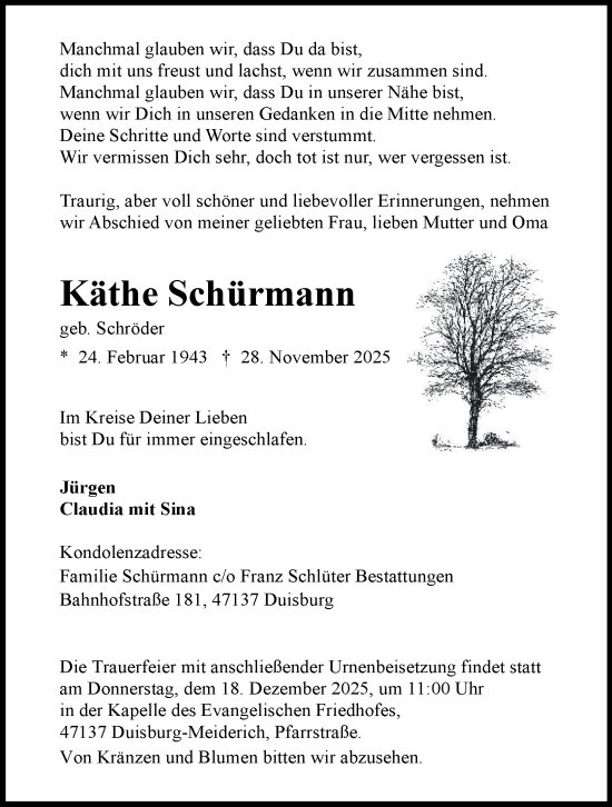 Traueranzeige von Käthe Schürmann von Tageszeitung