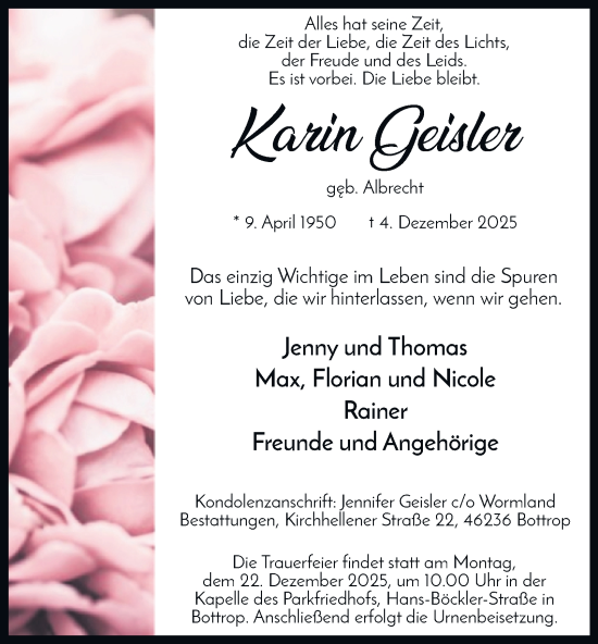 Traueranzeige von Karin Geisler von Tageszeitung